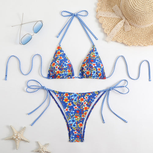Dame triangel-bikini med blomsterdesign og legende bånd Skovae