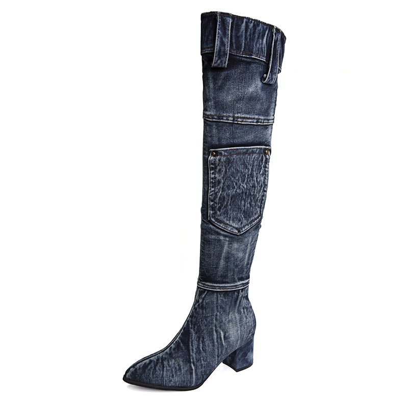 Dame Overknee-støvler i denim-look med robust blokhæl og moderne lommeapplikation Stilla