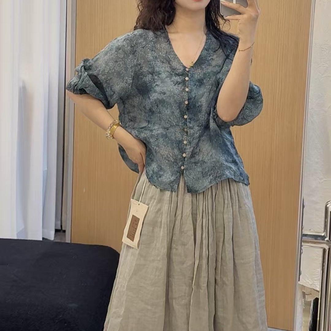 Femme Letvægts Bohemian Knap-op Bluse og Flydende Maxi Nederdel Sæt Stilla