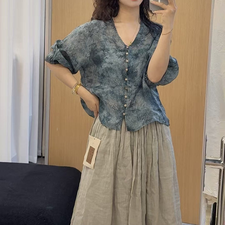 Femme Letvægts Bohemian Knap-op Bluse og Flydende Maxi Nederdel Sæt Stilla