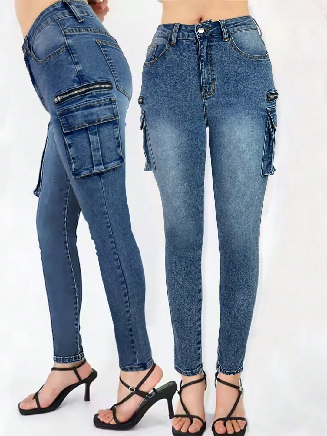 Dame Cargo-Jeans med høj talje og praktiske lynlåslommer Stilla