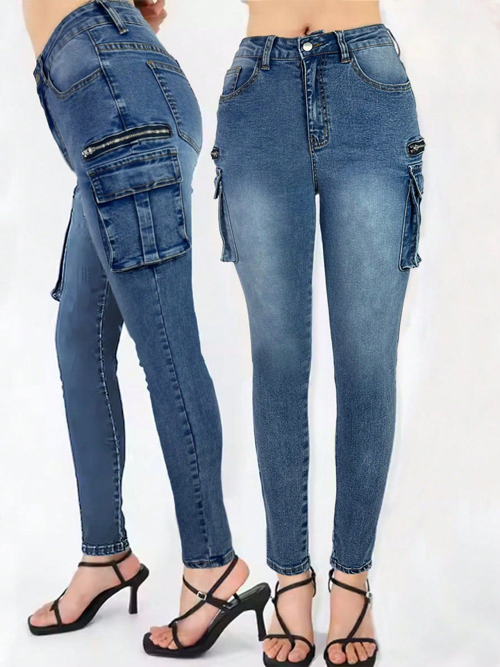 Dame Cargo-Jeans med høj talje og praktiske lynlåslommer Stilla