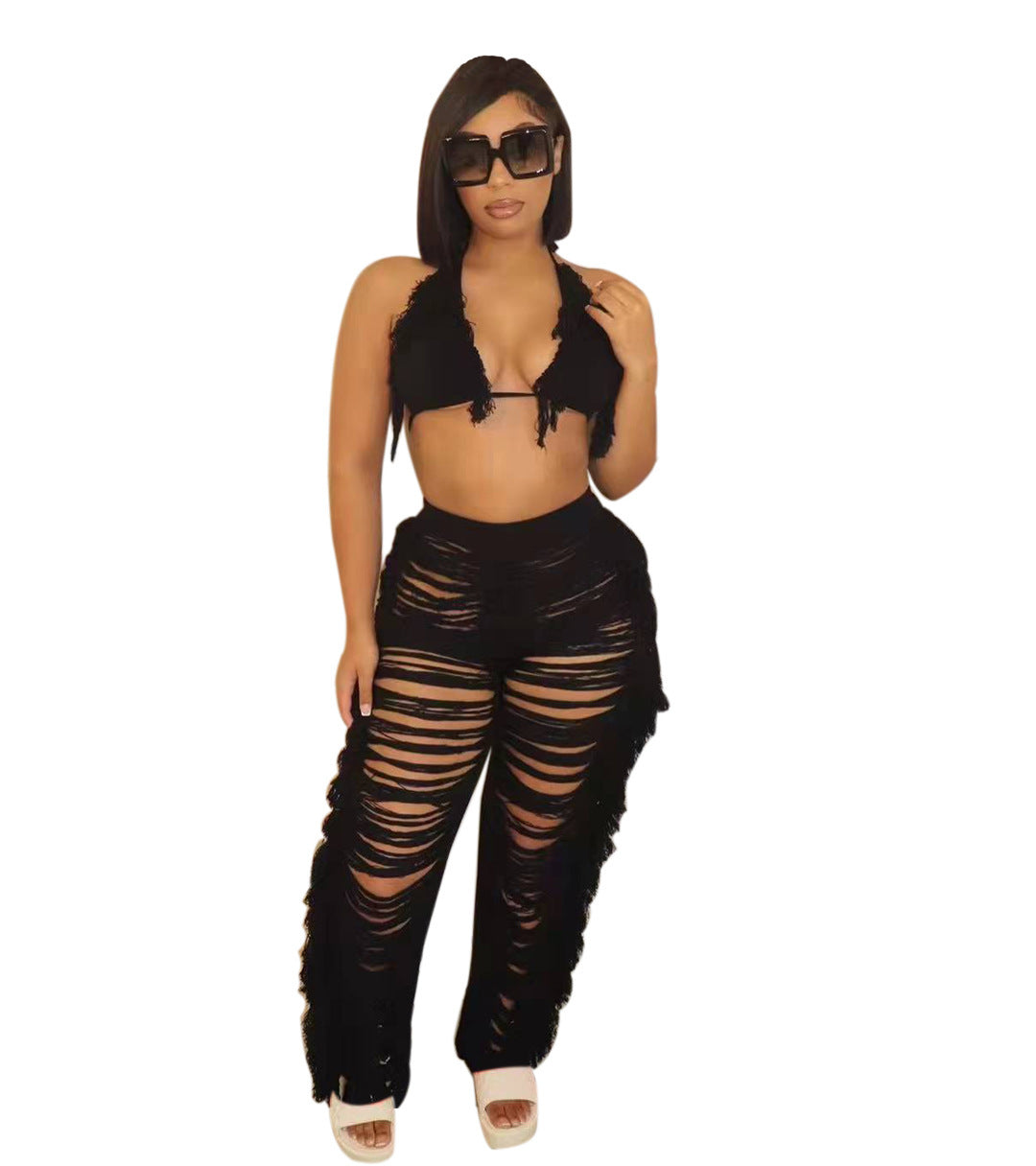 Dame Strandoutfit med frynset Crop-Top og afslappet Bukser Stilla