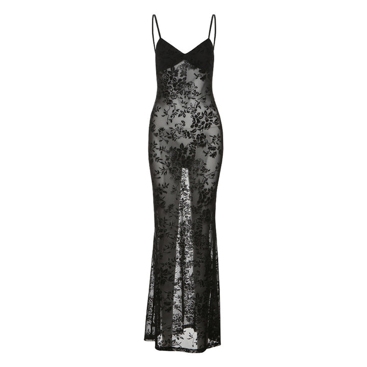 Damer Elegant spidse maxi-kjole med spaghetti-stropper og gennemsigtig udseende Skovae