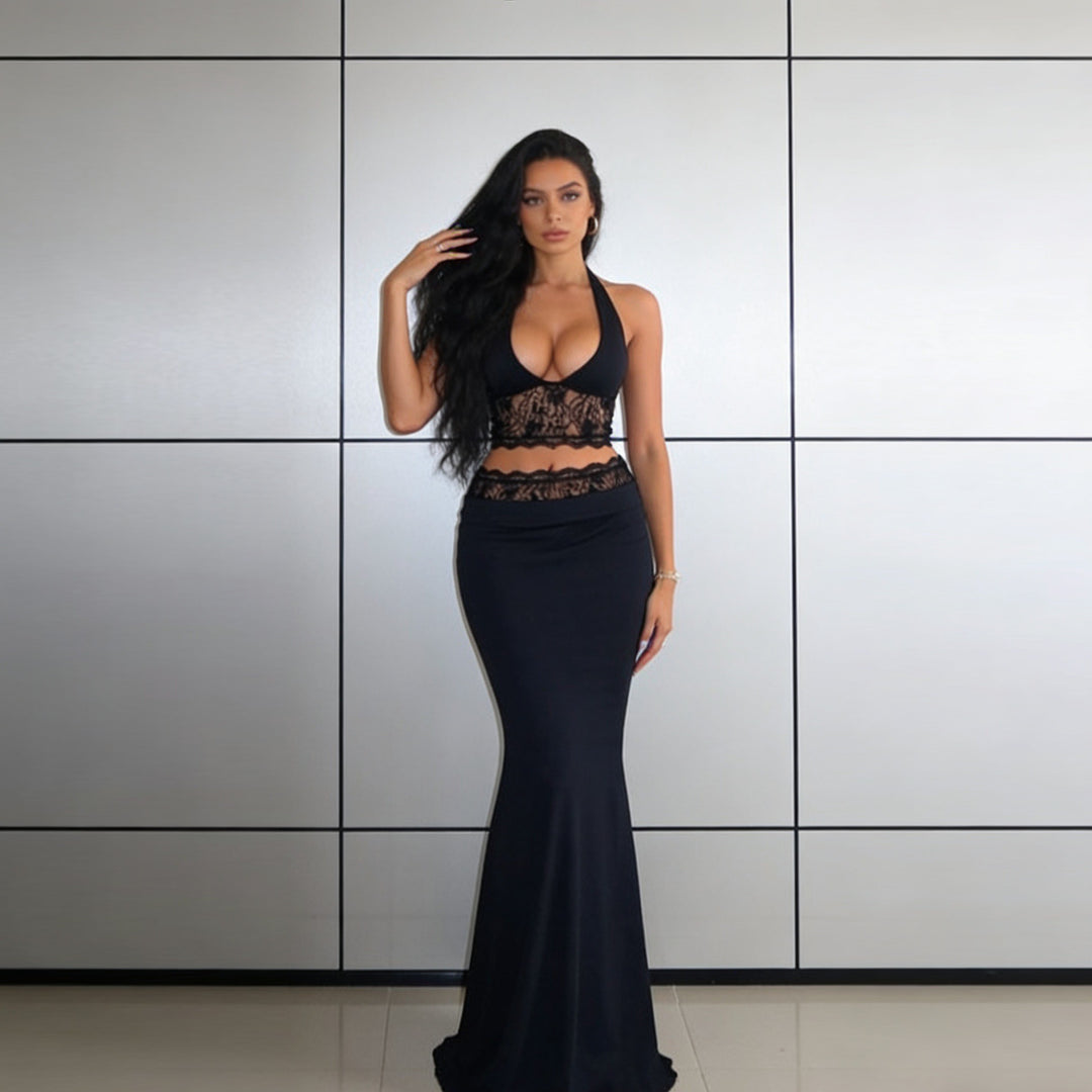 Dame Elegant Spids-Crop-Top med højt skåret Maxiskørt Skovae