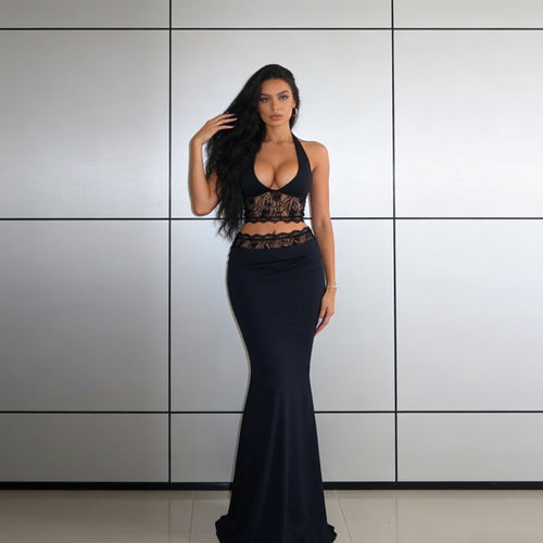 Dame Elegant Spids-Crop-Top med højt skåret Maxiskørt Skovae