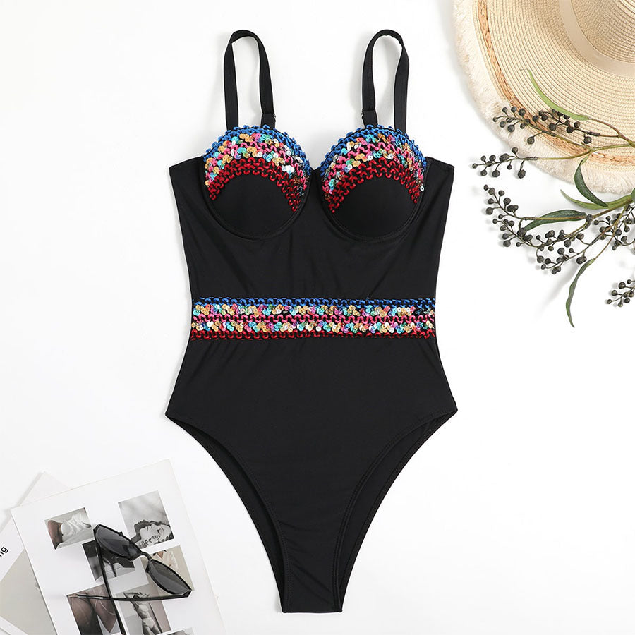 Dame one-piece badedragt med glitrende overdel og figursyet snit Stilla