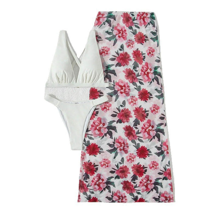 Damer to-delt bikini-sæt med blomstermønster og omslagsnederdel Skovae