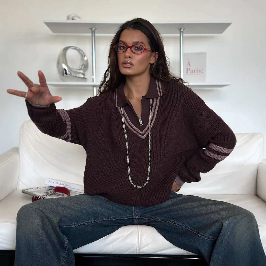 Kvindernes fashionable strikket sweater med høj kvalitet lynlås og stribet design Stilla