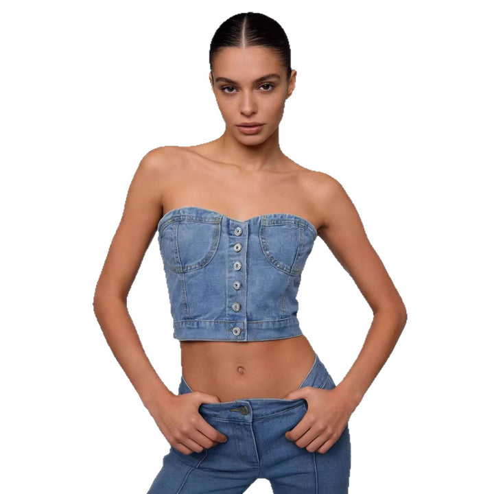 Dame Denim Bustier-overdel med knapdetaljer og figursyet snit Skovae