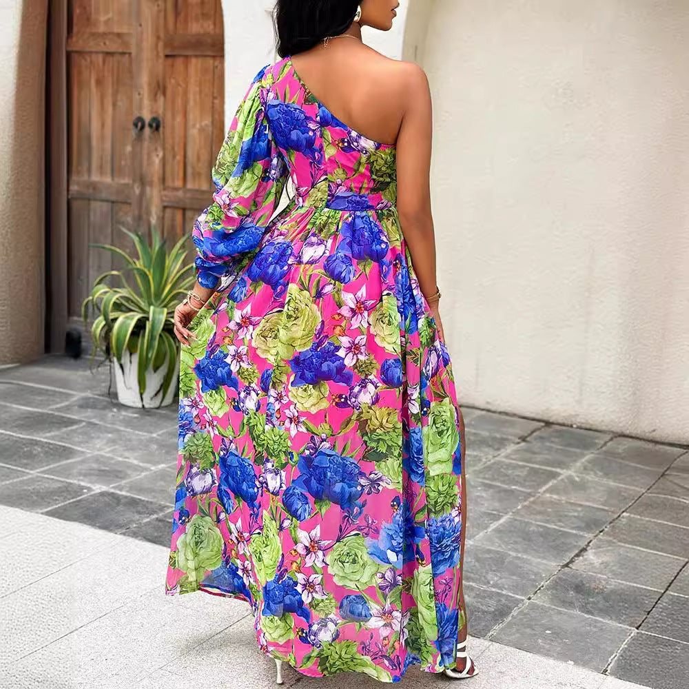 Femme En-skulder Floral Maxi Kjole med Sidesklog Stilla