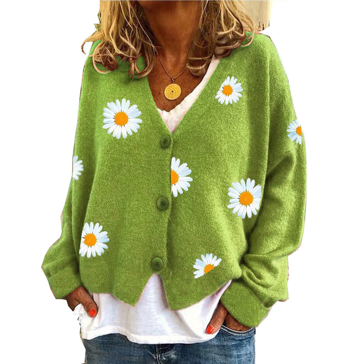 Dame strikjakke med floralt design Stilla