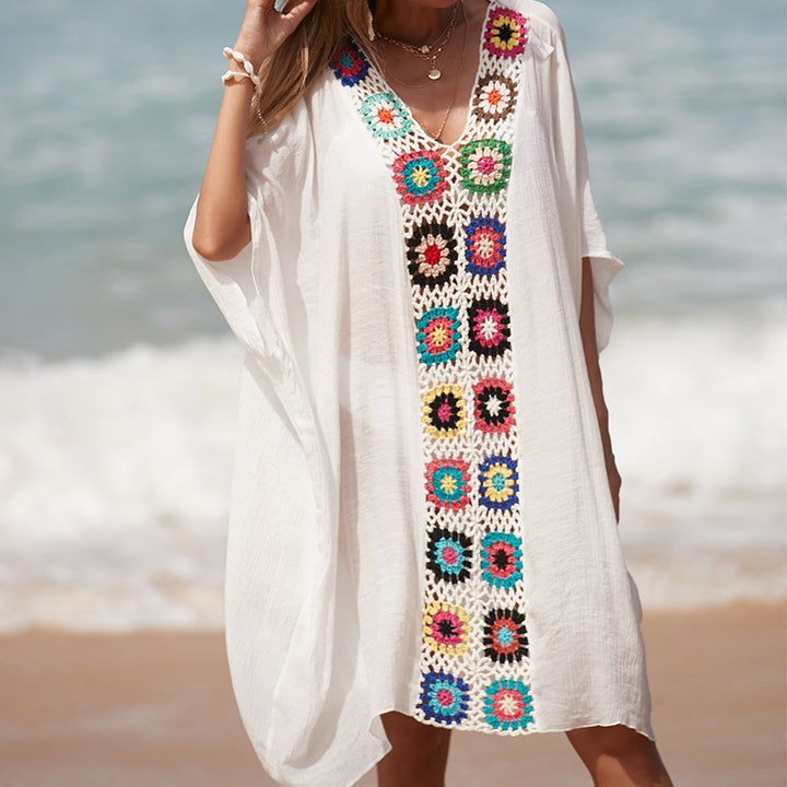 Dame hæklede strandtunika i afslappet oversized stil med farverige applikationer Skovae