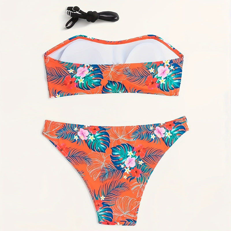 Dame bandeau-bikini med tropisk mønster og elastisk underdel Skovae