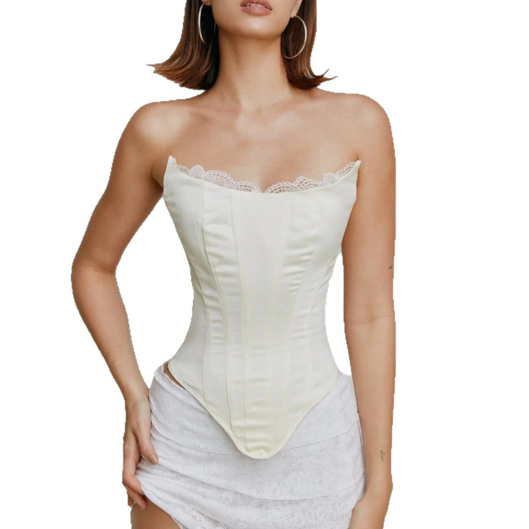 Dame corset top i satin med blondekant Skovae