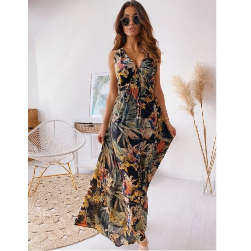Femme Floral Print Maxikjole med dyb V-udskæring Stilla