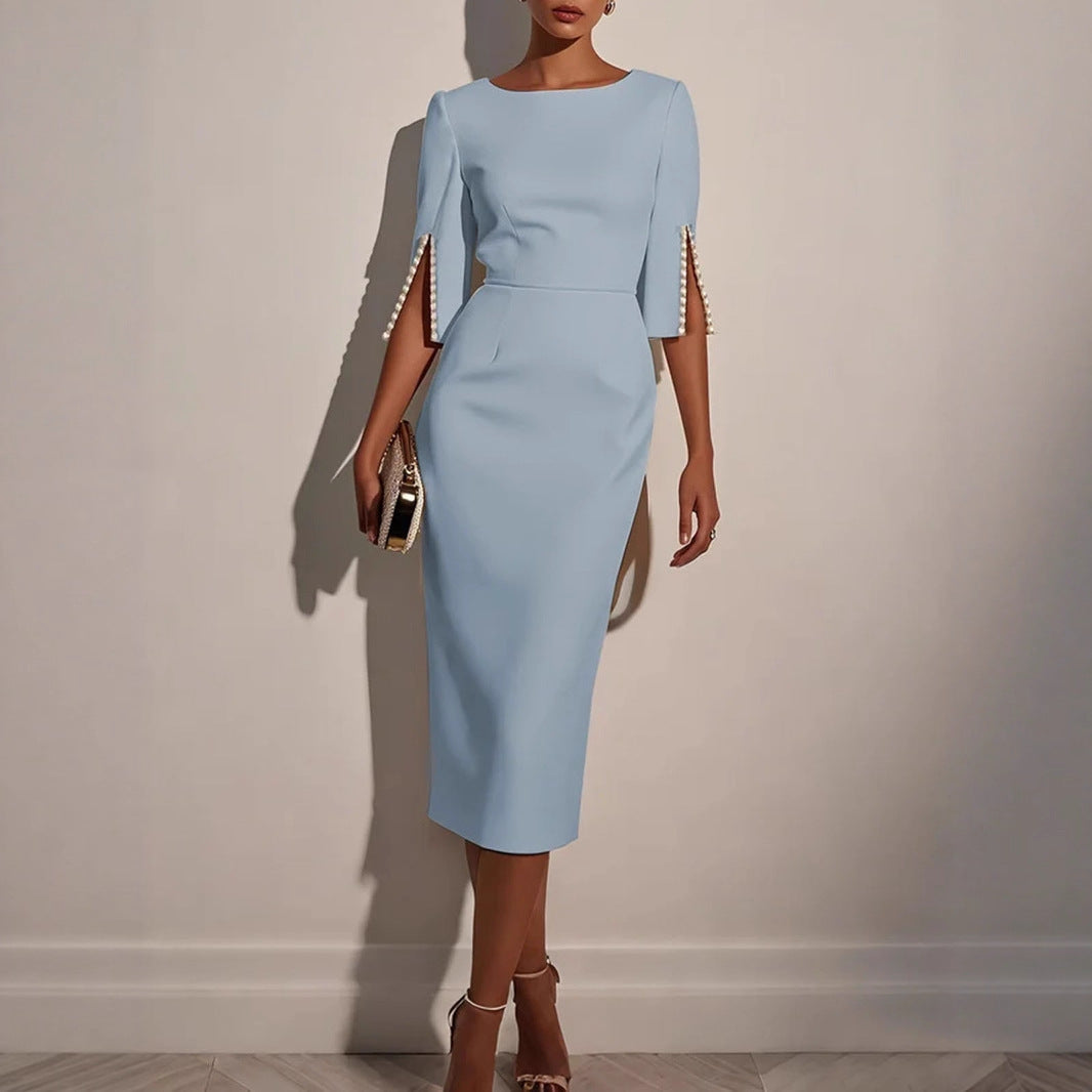Dame elegant blyantskjole med perleprydede ærmer Stilla