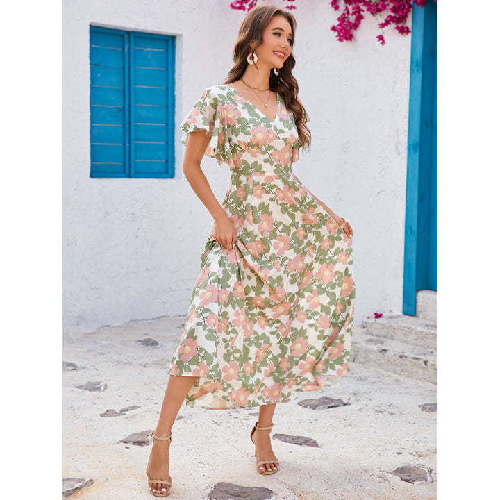 Femme Floral Print Maxi Kjole med Flæser Stilla