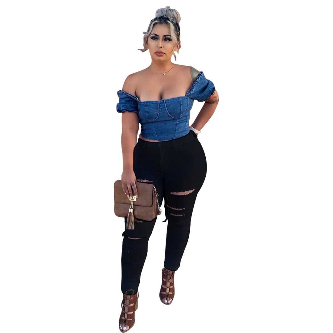 Dame cropped jeansbluse og skrå bukser Stilla