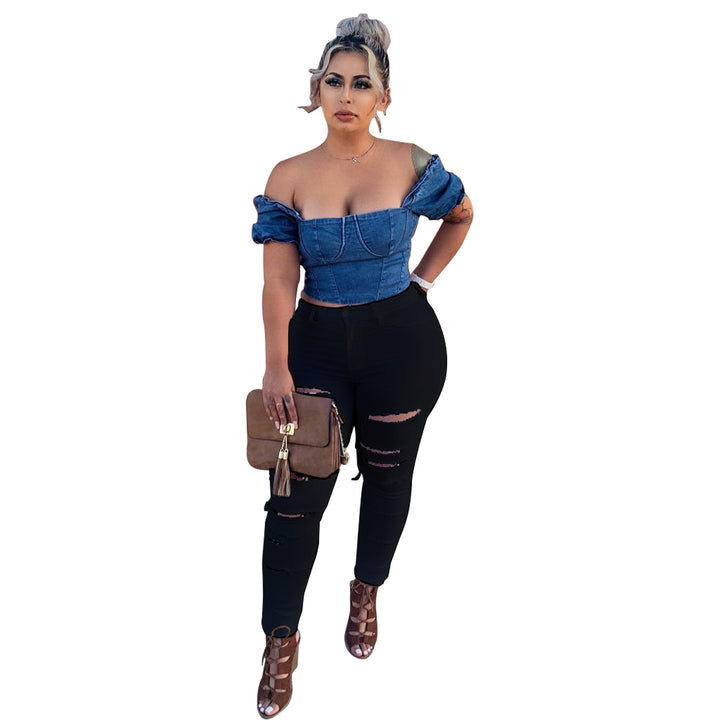 Dame cropped jeansbluse og skrå bukser Stilla