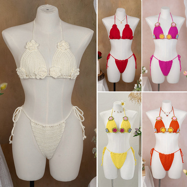 Dame hækle-bikini med legende blomsterdesign og justerbare bånd Skovae
