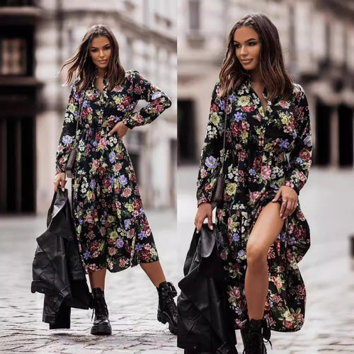 Dame Floral Print Maxi Kjole med høj slids Stilla