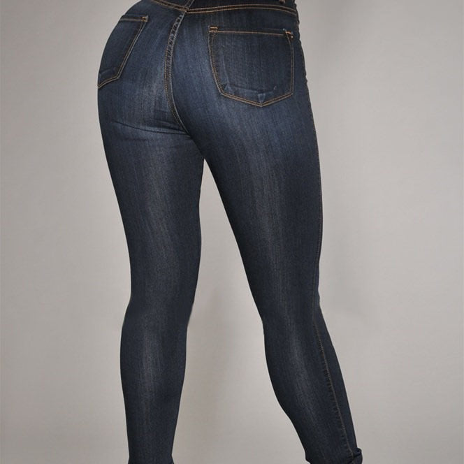 Dame høj talje skinny jeans med dekorative knapper og behagelig stretch Stilla