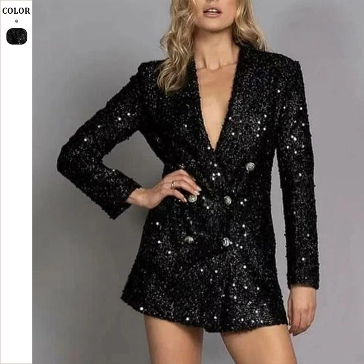 Dame Funklende Blazer med skinnende pailletter og dobbelt knapliste Stilla