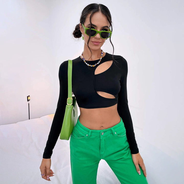 Kvinders crop top med asymmetrisk udskæringsdesign og fashionable lange ærmer Stilla