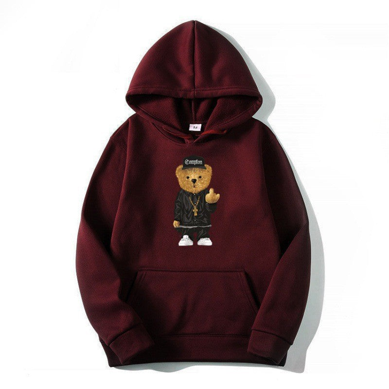 Kvinders hoodie med kunstnerisk bjørnedesign og kængurulomme Skovae