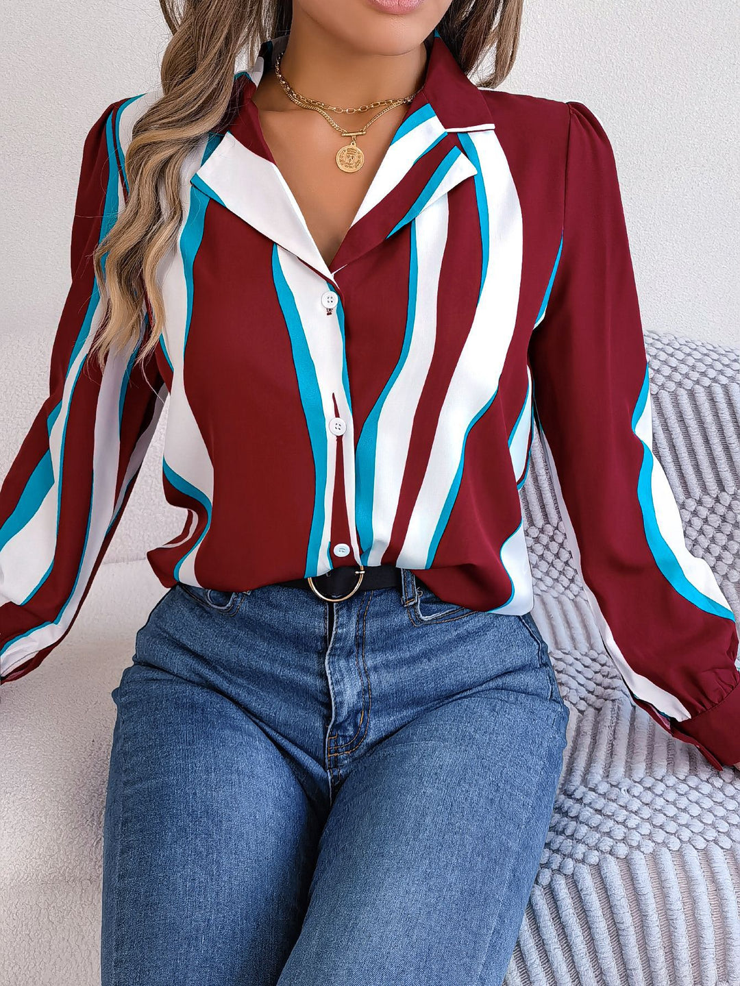Dame Elegant Langærmet Bluse med moderne Stribemønster Stilla