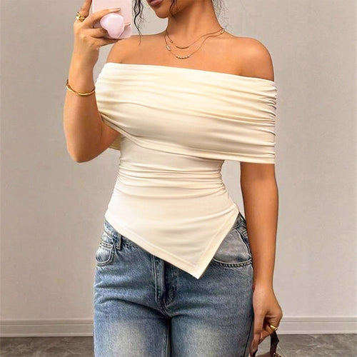 Dame Off-Shoulder Blusenshirt med asymmetrisk søm og rynk Skovae