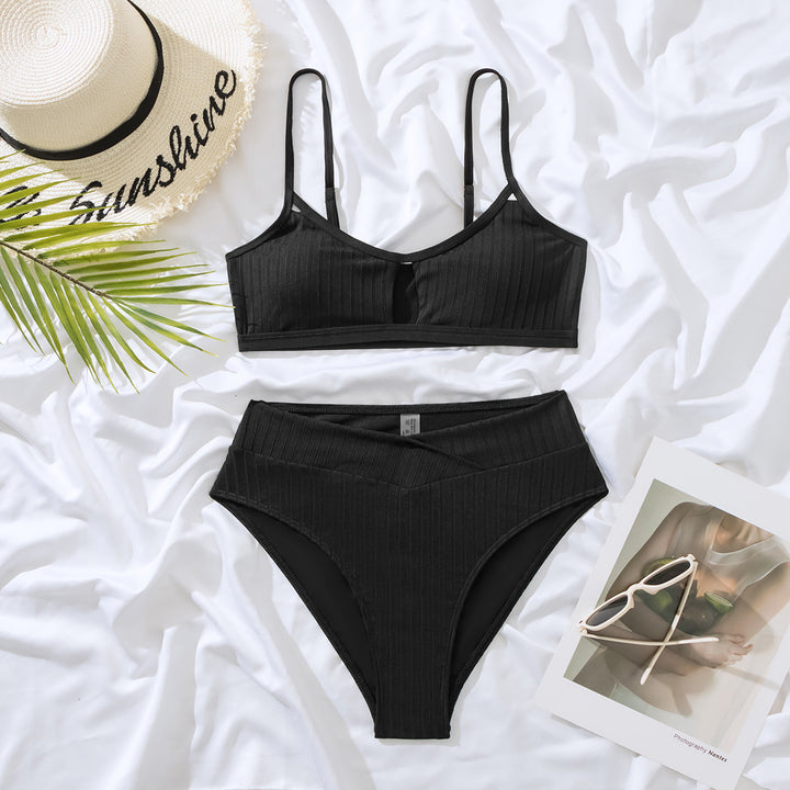 Dame Højtaljeret Rib-Bikini med elegante Nøgle-udskæringsdetaljer Skovae