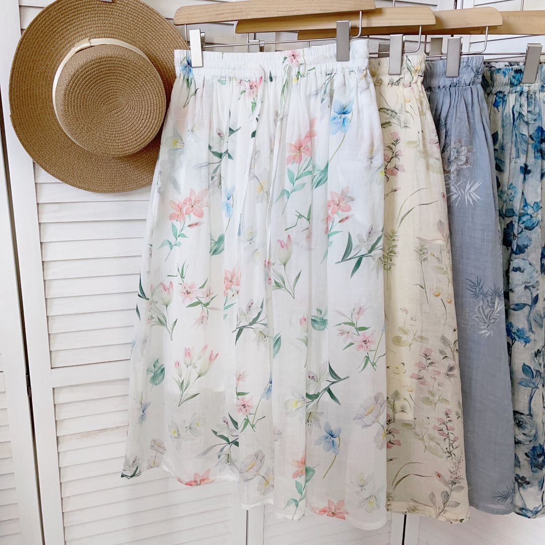 Dame Floral Print Midi Skirt med elastisk talje Stilla