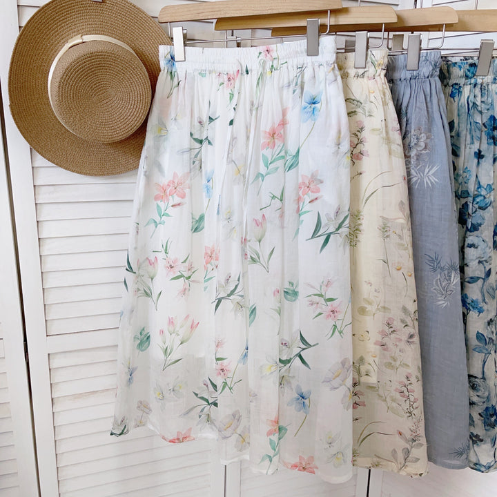 Dame Floral Print Midi Skirt med elastisk talje Stilla