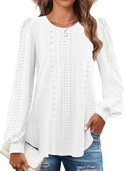 Damebluse med puffærmer og hulmønster Stilla