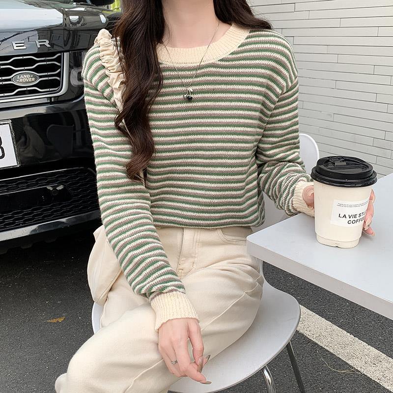 Dame casual stribet sweater med stilfuld ruffle trim Stilla