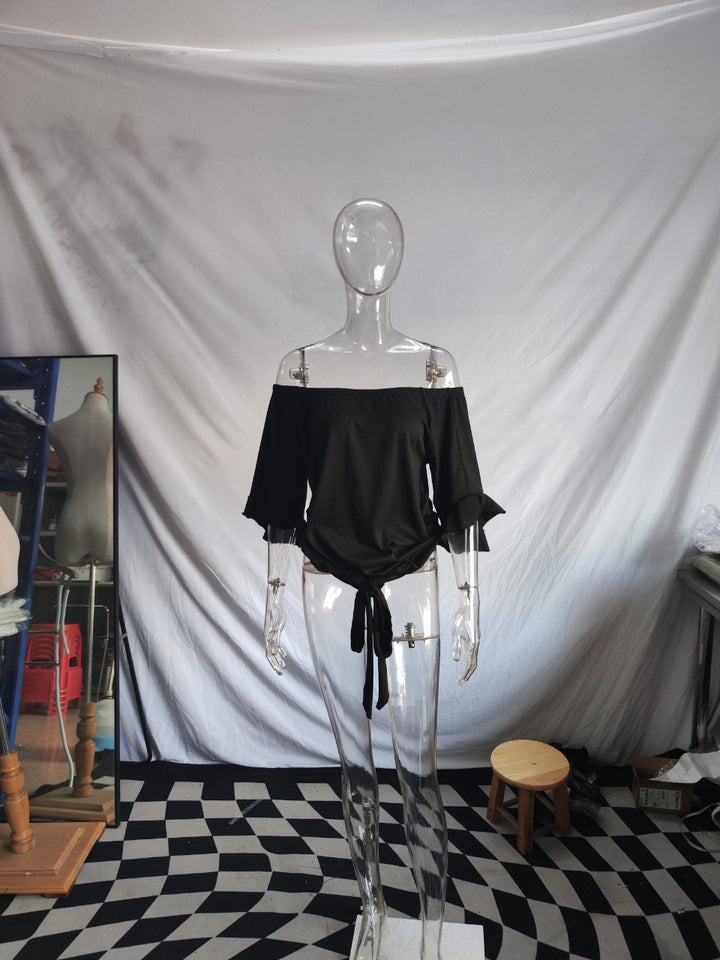 Dame off-shoulder bluse med flæsedetaljer og taljebinding Skovae