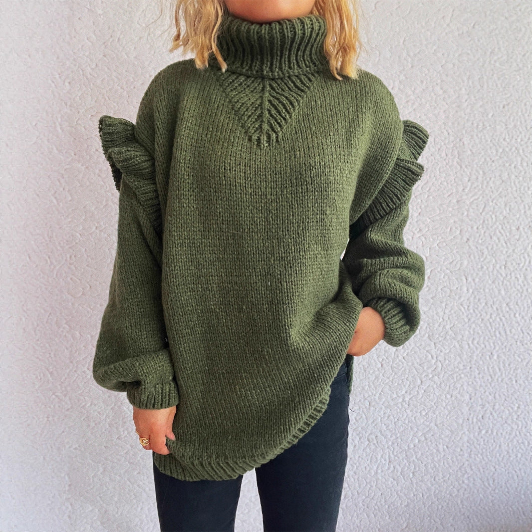 Kvinders strikket sweater med volangdetaljer og høj krave Stilla
