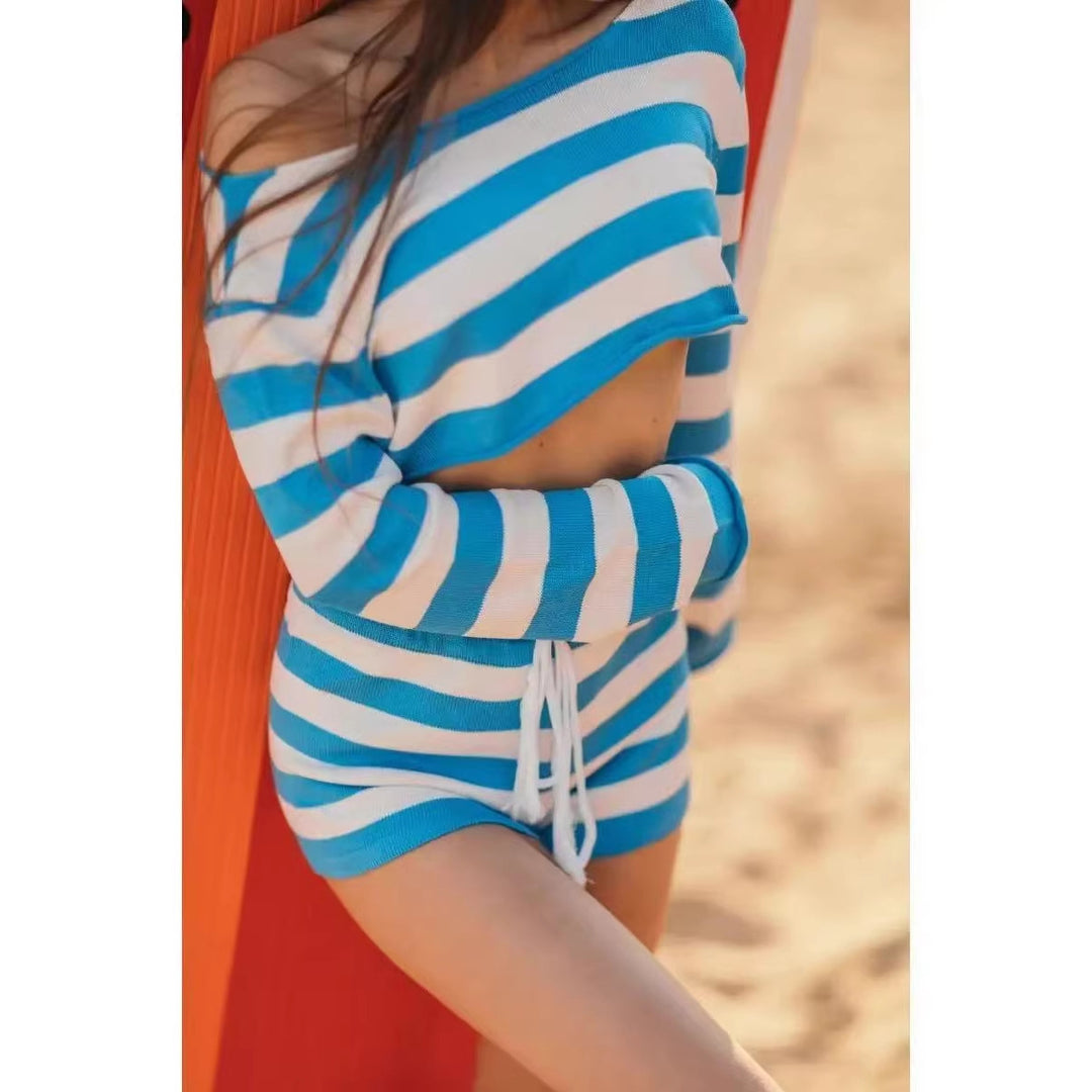 Dame casual strand-sæt med cropped sweater og shorts Skovae