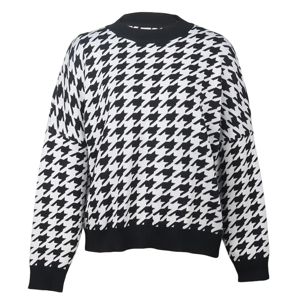Kvinders strikket sweater med moderne houndstooth mønster og afslappet pasform Stilla