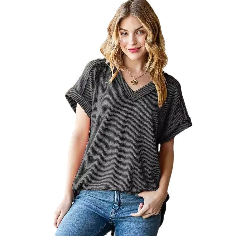 Dame V-hals top i vaffelstrikdesign Stilla