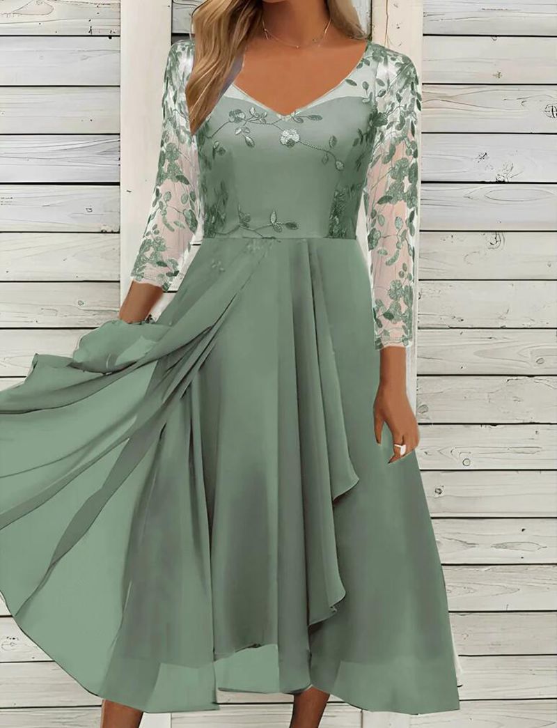 Dame nan V-hals chiffon midikjole med broderet bustier, gennemsigtige trekvartærmer og asymmetrisk lagkjole Skovae