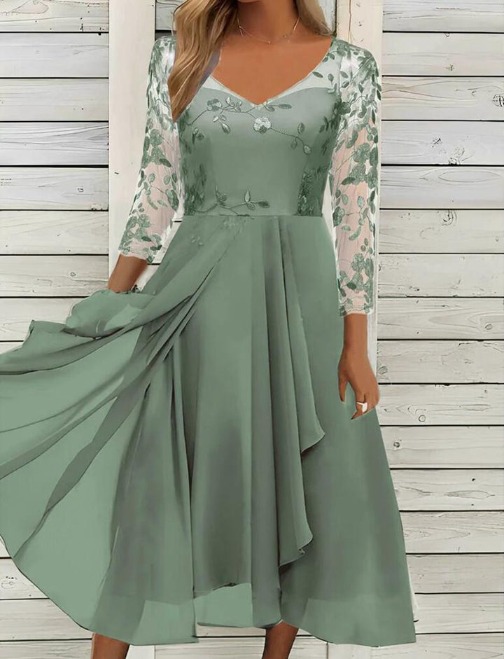 Dame nan V-hals chiffon midikjole med broderet bustier, gennemsigtige trekvartærmer og asymmetrisk lagkjole Skovae