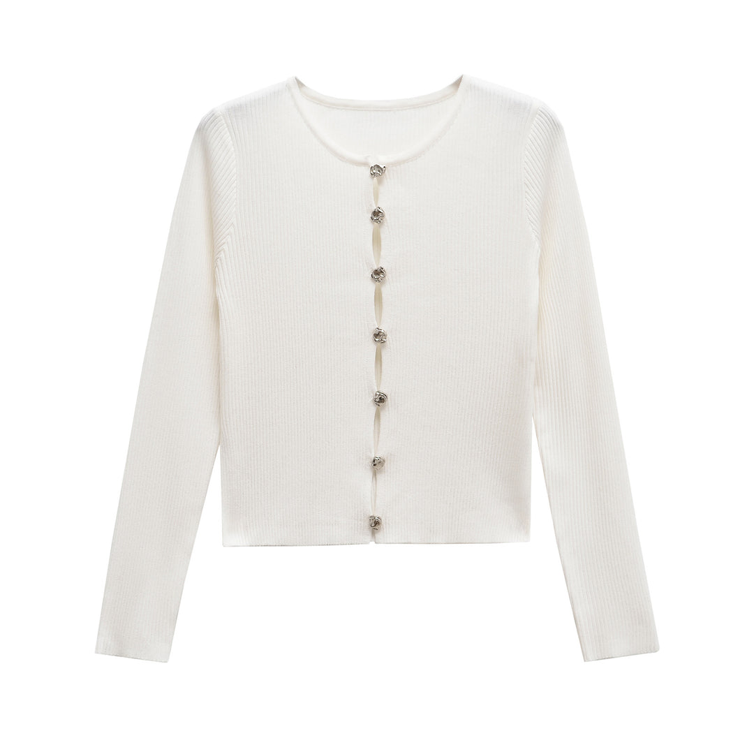 Femme Rippstrik Knap-åben Cardigan Pullover Stilla