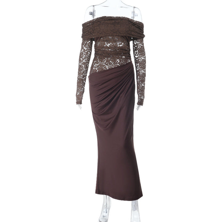 Dame Elegant Off-Shoulder Kjole med Spidseloberdel Skovae