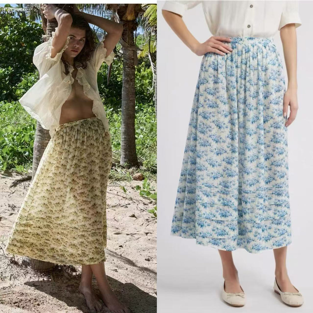 Dame Maxiskirt med floral design og feminine rynker Stilla