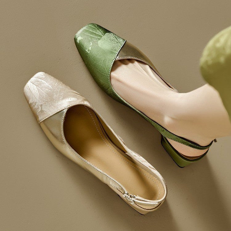 Dame elegante flade slippers med kvadratisk tåform og bladdekorationer Stilla
