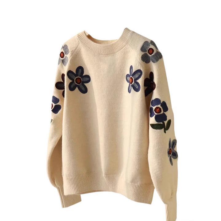 Dame mode sweater med blomster broderi design Stilla