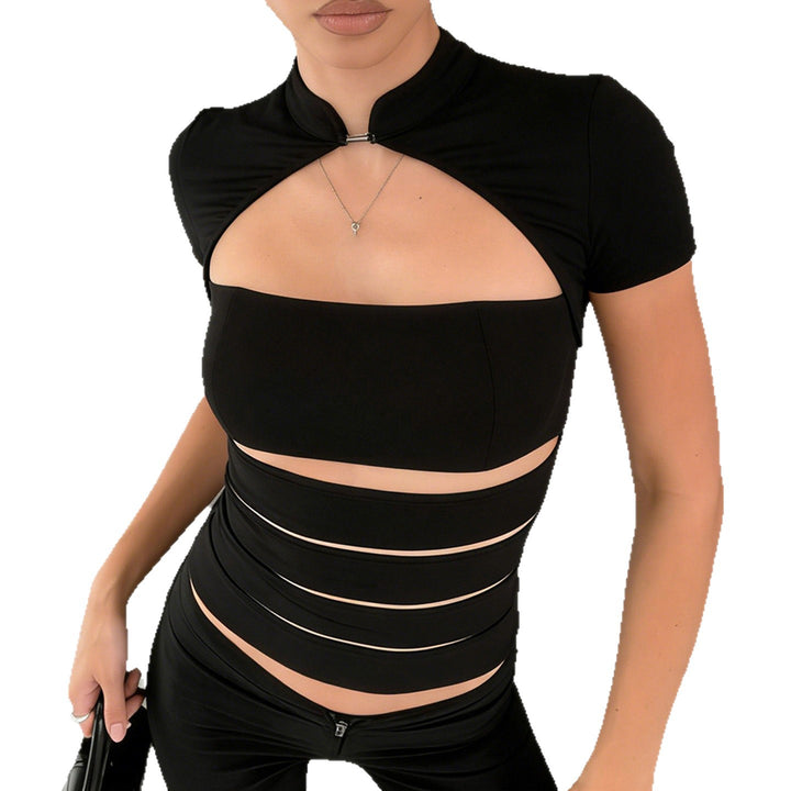 Dame Cropped Blusenshirt lavet af slidstærkt strækmateriale med elegant ståkrave Skovae
